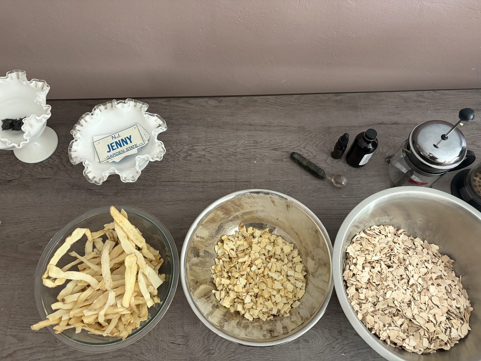 Dried herbs and roots on Jenn's worktable